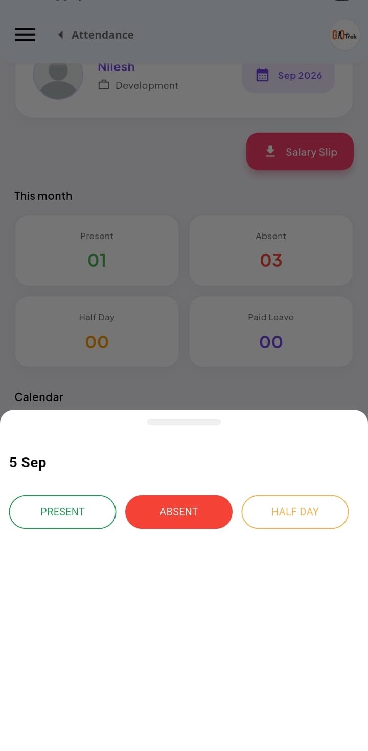 PayrollX employee app attendance history screen