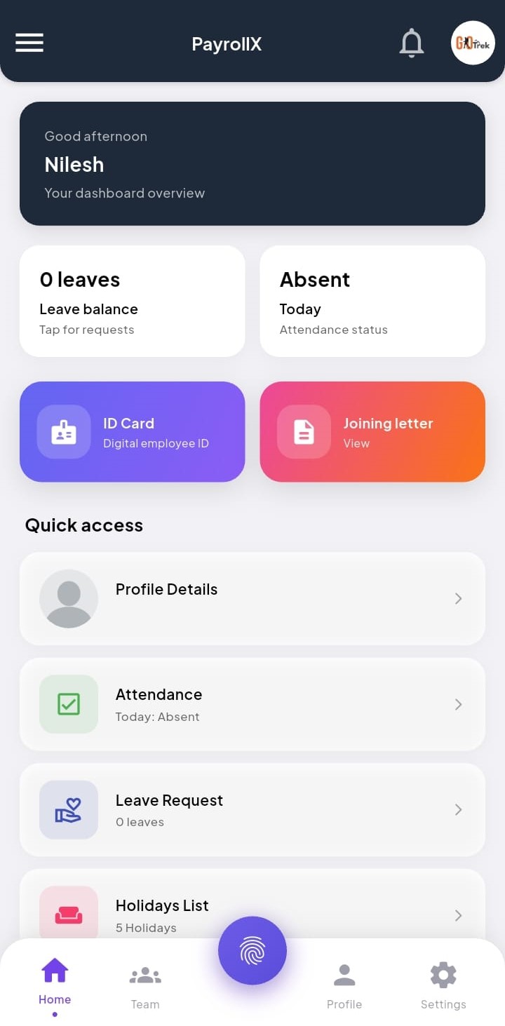 PayrollX employee app home screen screenshot