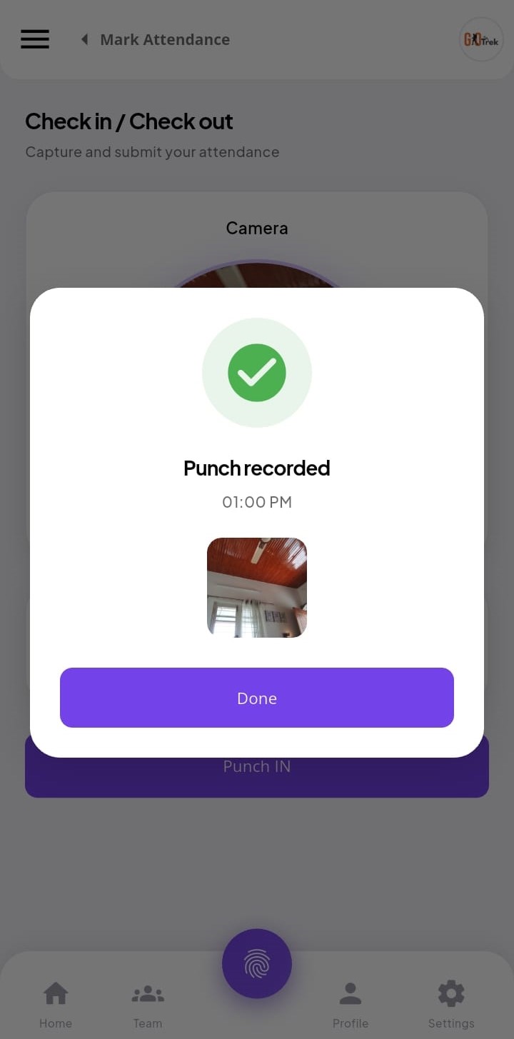PayrollX employee app punch in confirmation screen