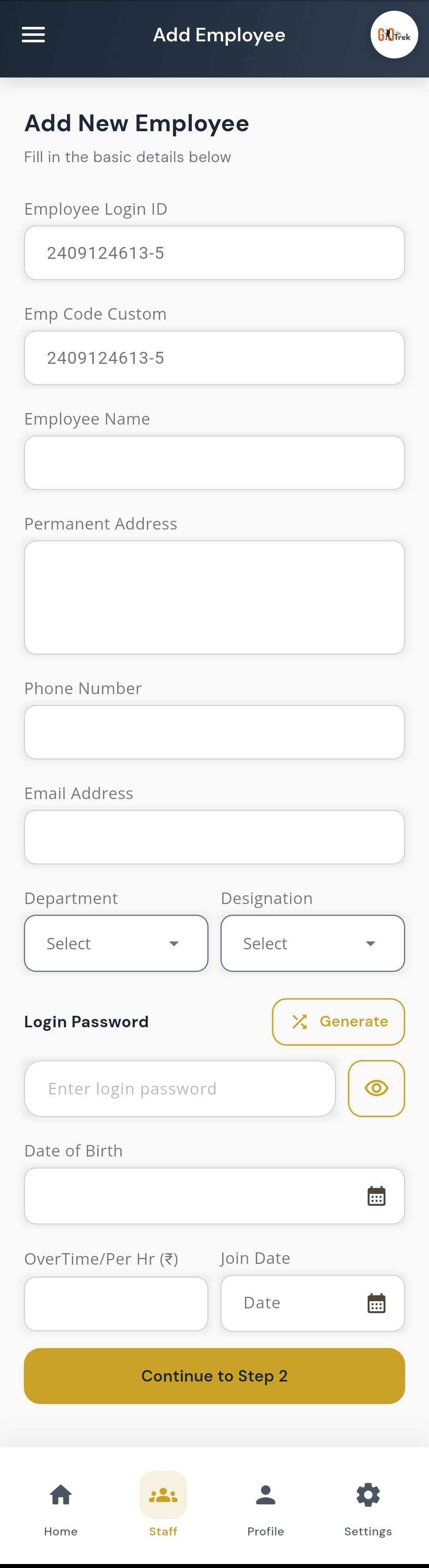 PayrollX employer app add new employee step one form