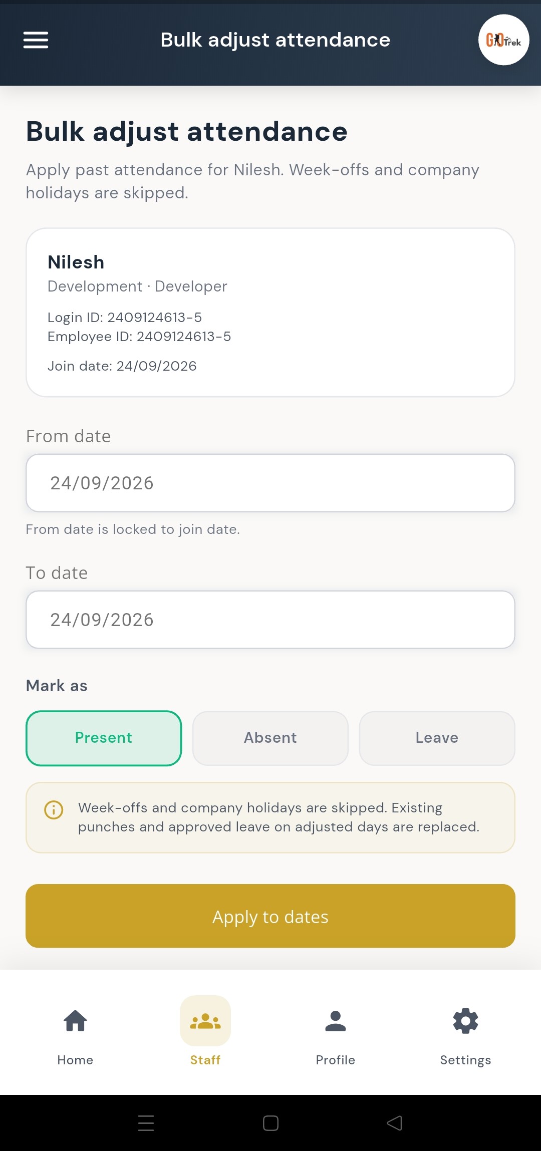PayrollX employer app bulk attendance adjustment screen