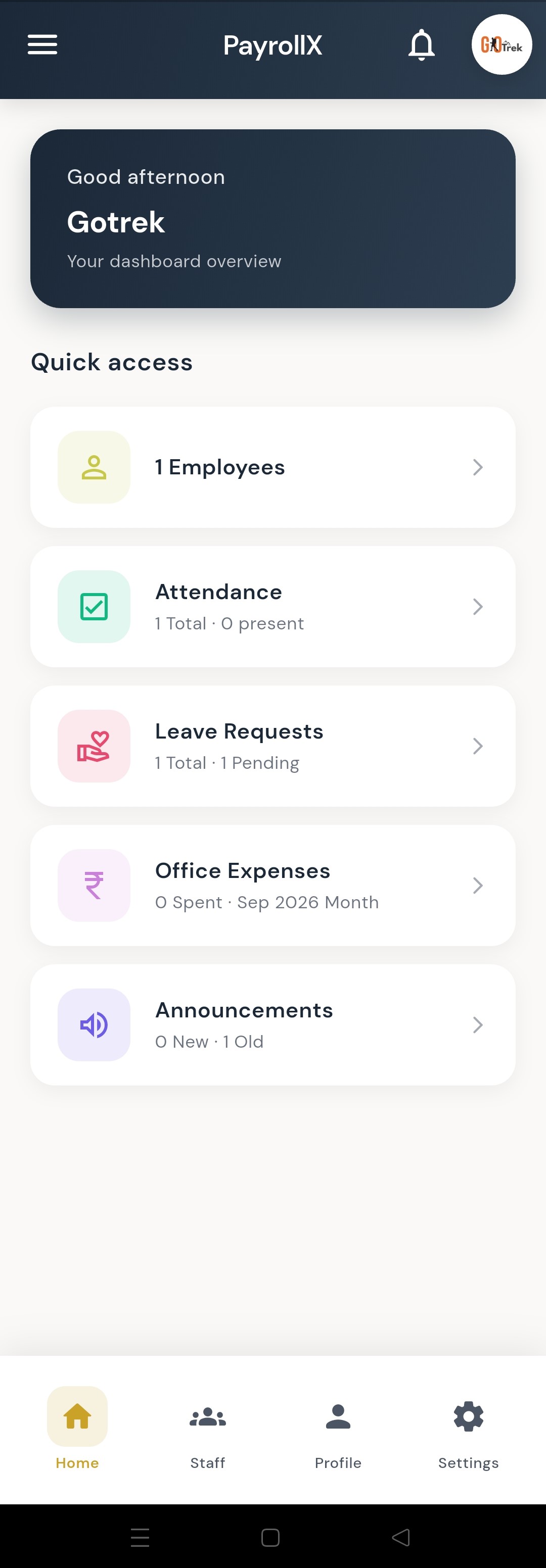 PayrollX employer app home dashboard screenshot