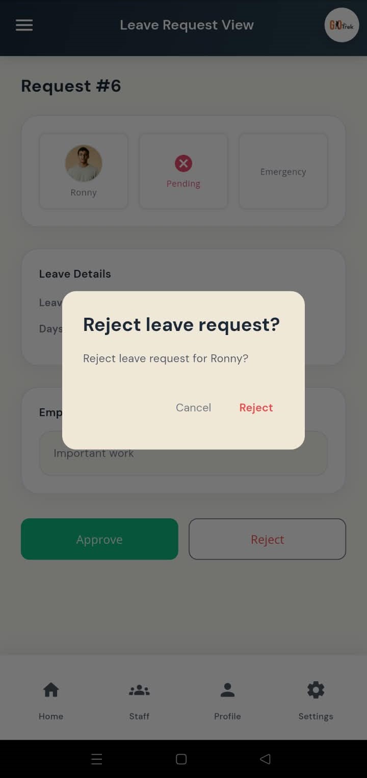 PayrollX employer app reject leave screen
