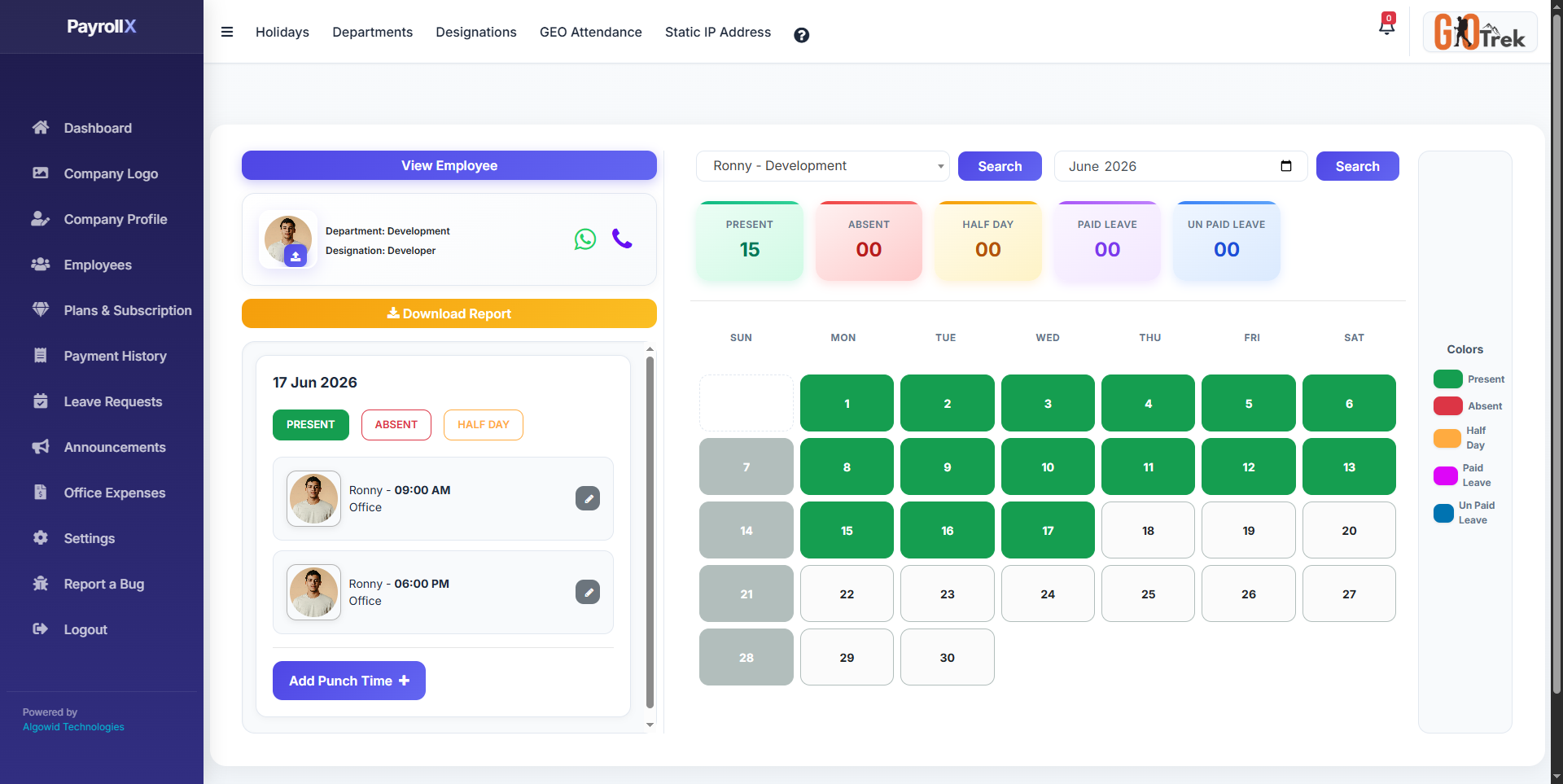 Attendance calendar with GEO punch proof